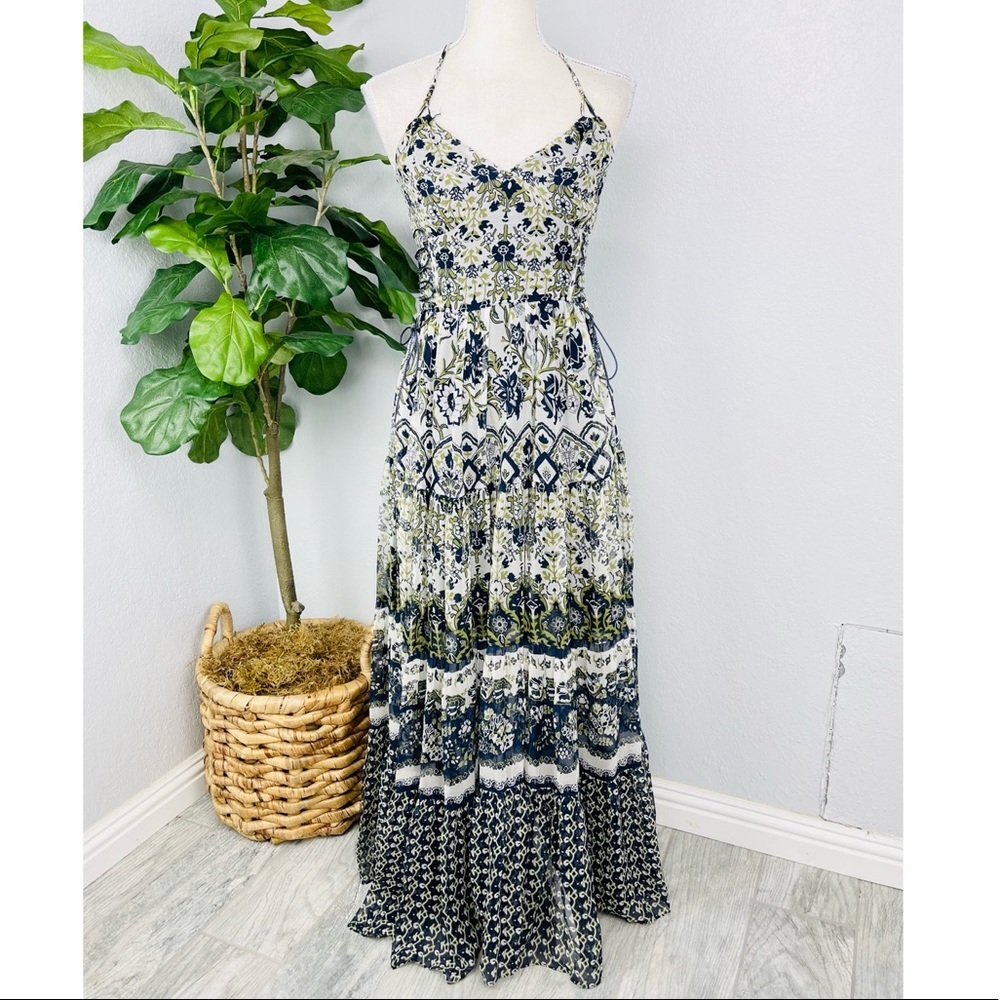 ECI New York Long Blue Floral Paisley Chiffon Multi Tier Long Sleeve Maxi Dress